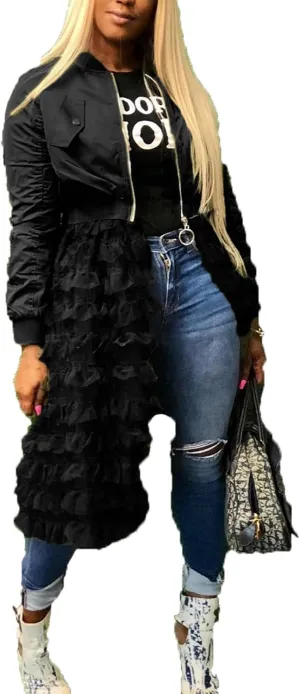 ECHOINE Women Casual Bomber Jacket - Tulle Mesh Patchwork Long Sleeve Zipper Coat Jackets Dress