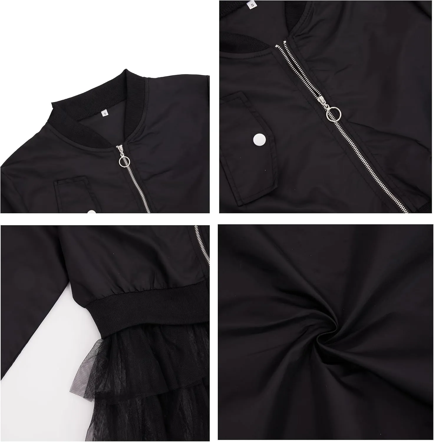 ECHOINE Women Casual Bomber Jacket - Tulle Mesh Patchwork Long Sleeve Zipper Coat Jackets Dress
