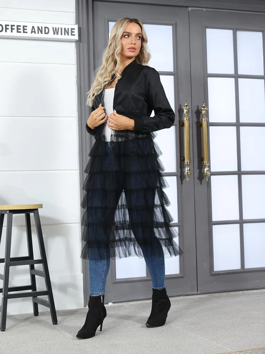 ECHOINE Women Casual Bomber Jacket - Tulle Mesh Patchwork Long Sleeve Zipper Coat Jackets Dress