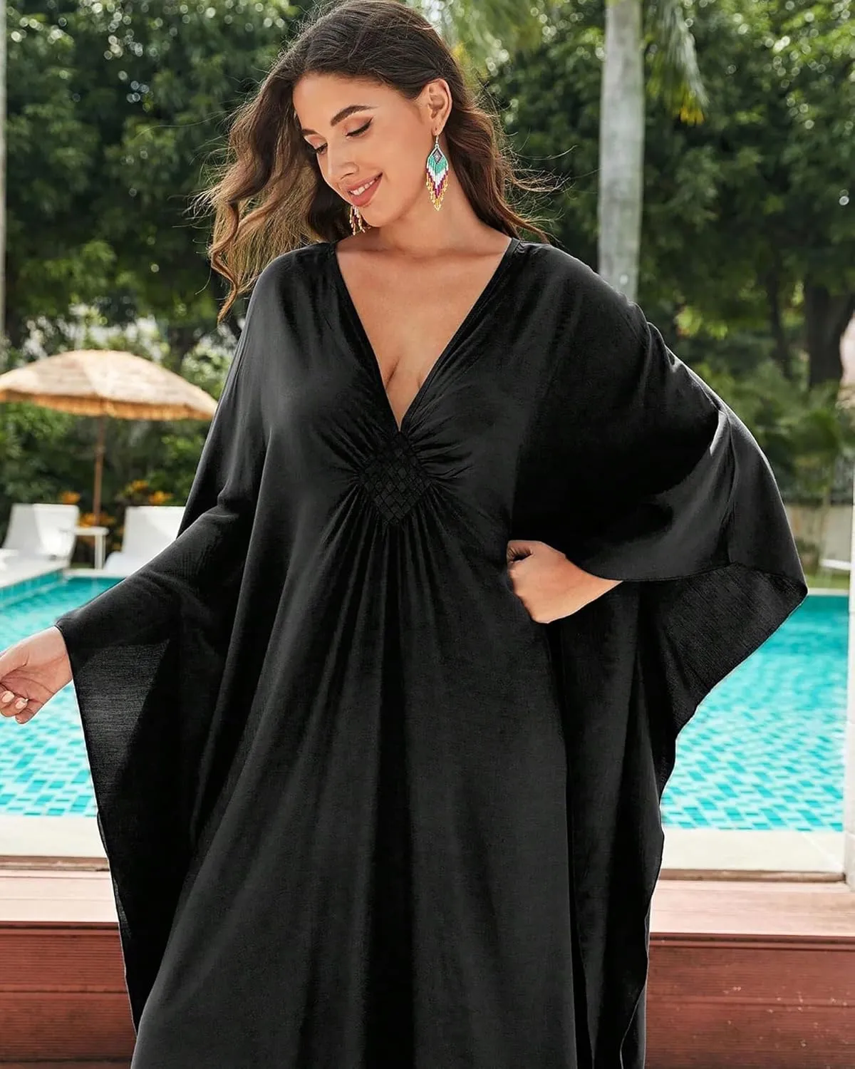 Eddoyee Women Animal Print Kaftan Dress Long Sleeve Beach Bathing Suit Cover Ups V-Neck Plus Size Caftan