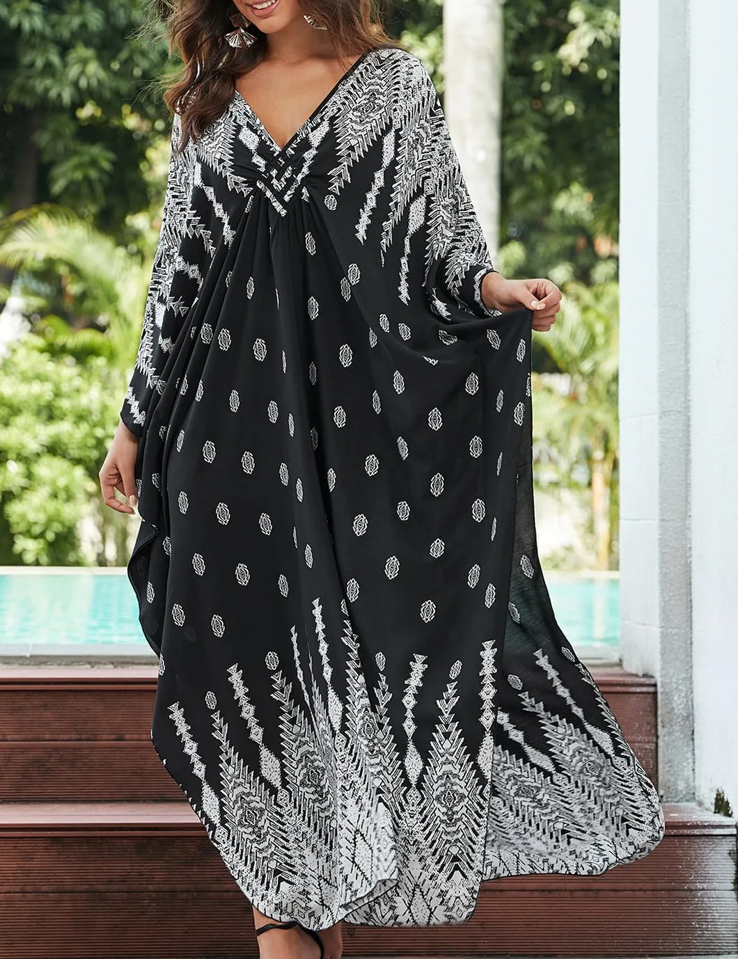 Eddoyee Women Animal Print Kaftan Dress Long Sleeve Beach Bathing Suit Cover Ups V-Neck Plus Size Caftan