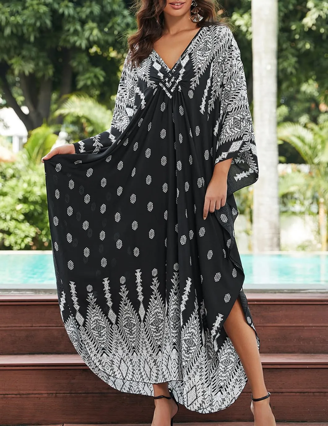 Eddoyee Women Animal Print Kaftan Dress Long Sleeve Beach Bathing Suit Cover Ups V-Neck Plus Size Caftan