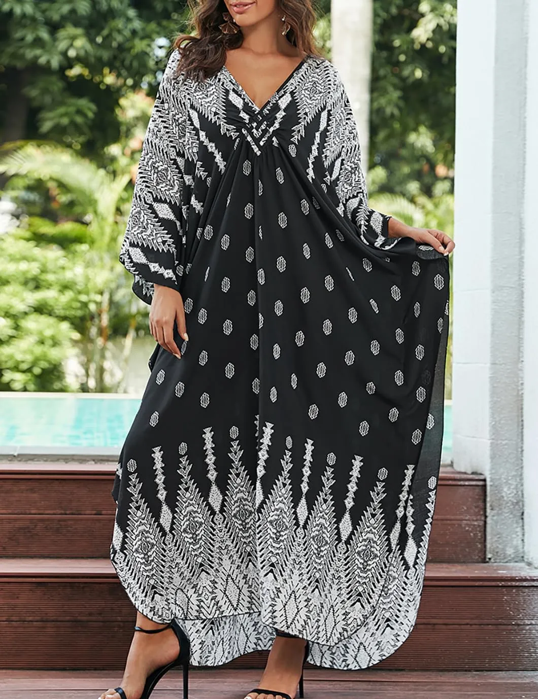 Eddoyee Women Animal Print Kaftan Dress Long Sleeve Beach Bathing Suit Cover Ups V-Neck Plus Size Caftan