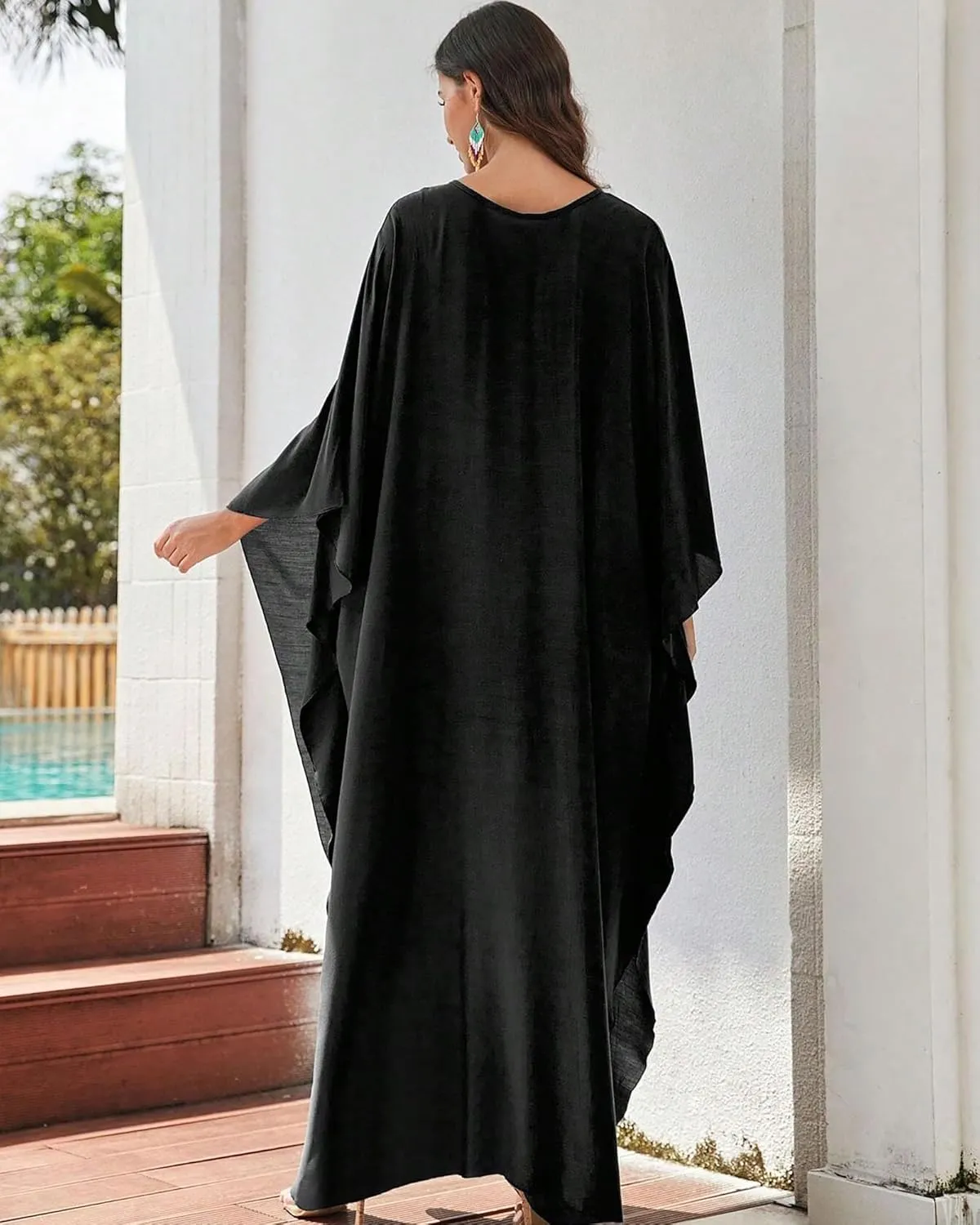 Eddoyee Women Animal Print Kaftan Dress Long Sleeve Beach Bathing Suit Cover Ups V-Neck Plus Size Caftan