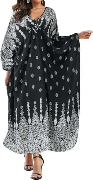 Eddoyee Women Animal Print Kaftan Dress Long Sleeve Beach Bathing Suit Cover Ups V-Neck Plus Size Caftan