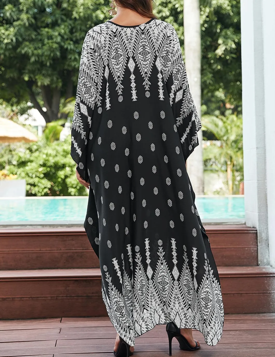 Eddoyee Women Animal Print Kaftan Dress Long Sleeve Beach Bathing Suit Cover Ups V-Neck Plus Size Caftan