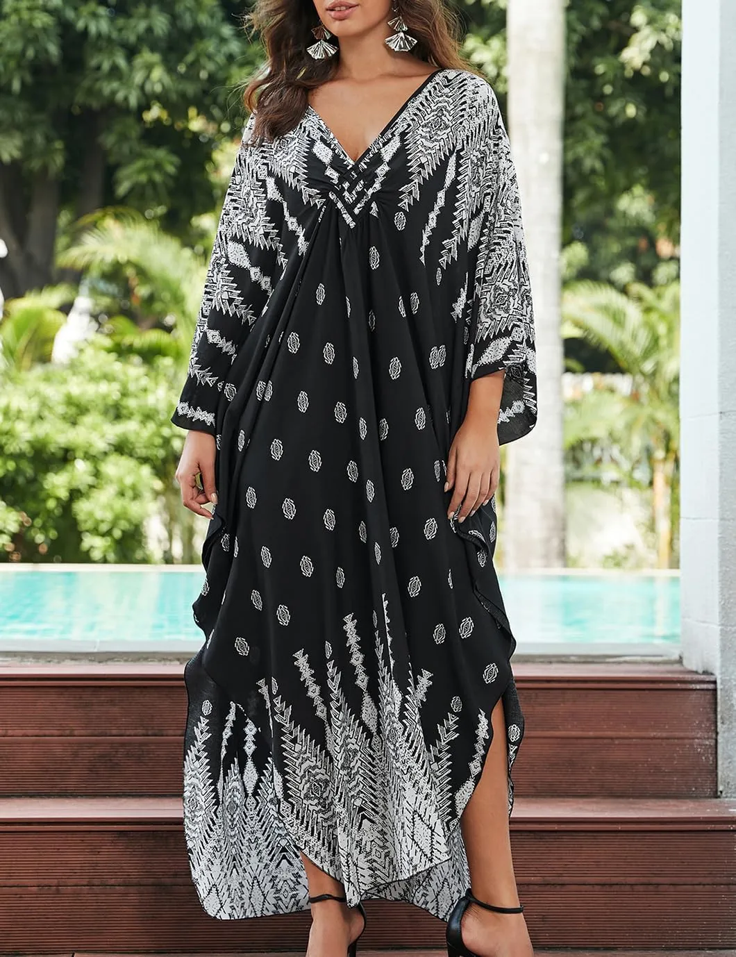 Eddoyee Women Animal Print Kaftan Dress Long Sleeve Beach Bathing Suit Cover Ups V-Neck Plus Size Caftan
