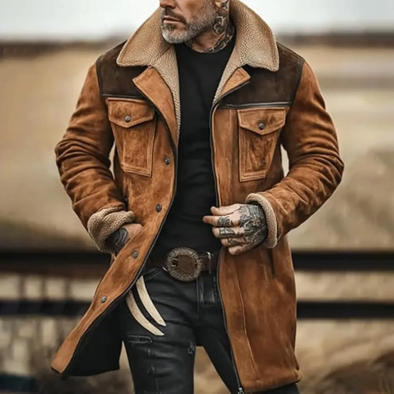 Men's Trench Coat Long Pea Coat Warm Buttons Coat Jacket Wool Long Sleeve Warm Coat Turn-down Collar Coat Vintage