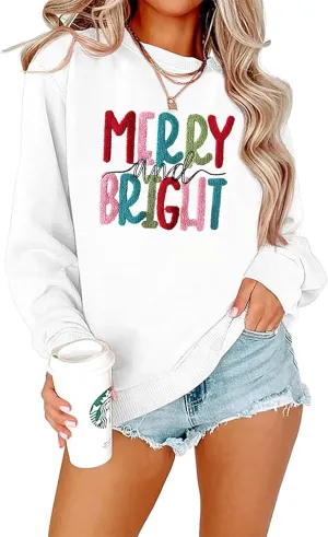 Merry Christmas Sweatshirts Women Merry And Bright Christmas Pullover Top Chenille Patch Letter Printed Xmas Gifts Top