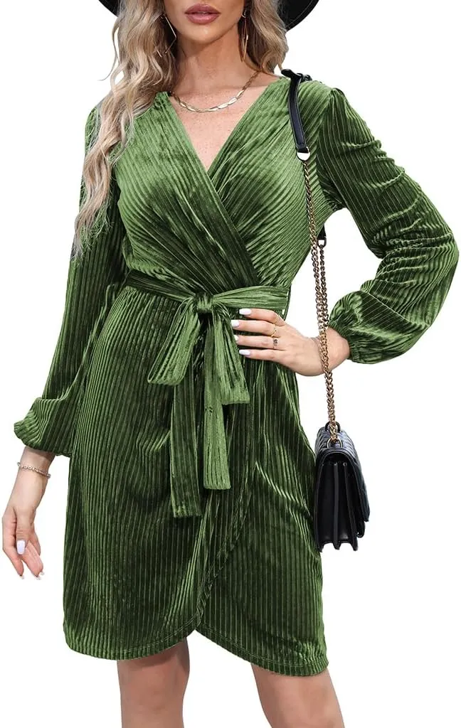Naggoo Women's Long Sleeve Wrap Dress Semi Formal Velvet Mini Dress Sexy V Neck Cocktail Party Club Dress