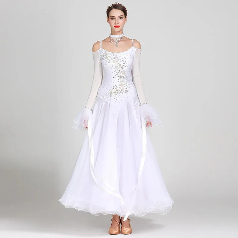 Off Shoulder Ribbon Ballroom Dance Dresses Competition Costumes