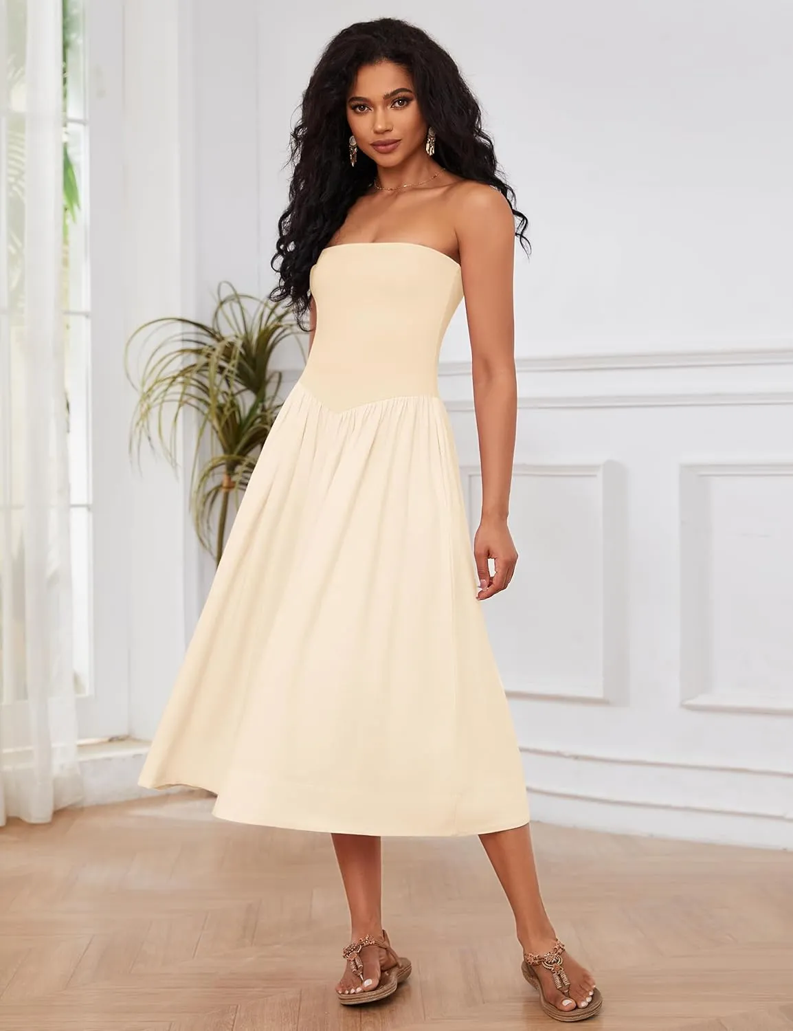 OLAPTA Women Strapless Tube Top Maxi Dresses Patchwork Casual Sleeveless Backless Dresses Swing Basic Solid Dress with Pocket