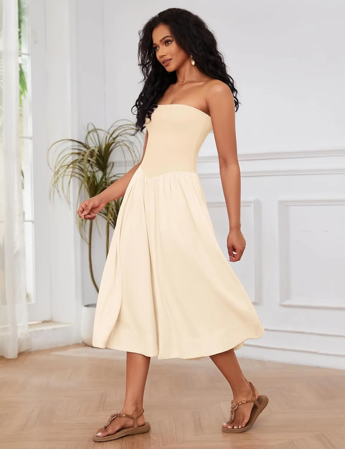 OLAPTA Women Strapless Tube Top Maxi Dresses Patchwork Casual Sleeveless Backless Dresses Swing Basic Solid Dress with Pocket