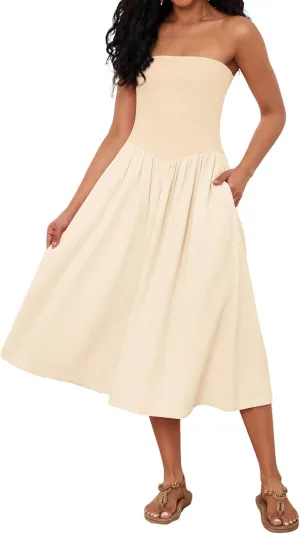 OLAPTA Women Strapless Tube Top Maxi Dresses Patchwork Casual Sleeveless Backless Dresses Swing Basic Solid Dress with Pocket