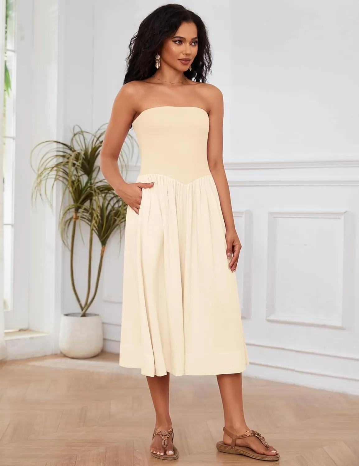 OLAPTA Women Strapless Tube Top Maxi Dresses Patchwork Casual Sleeveless Backless Dresses Swing Basic Solid Dress with Pocket