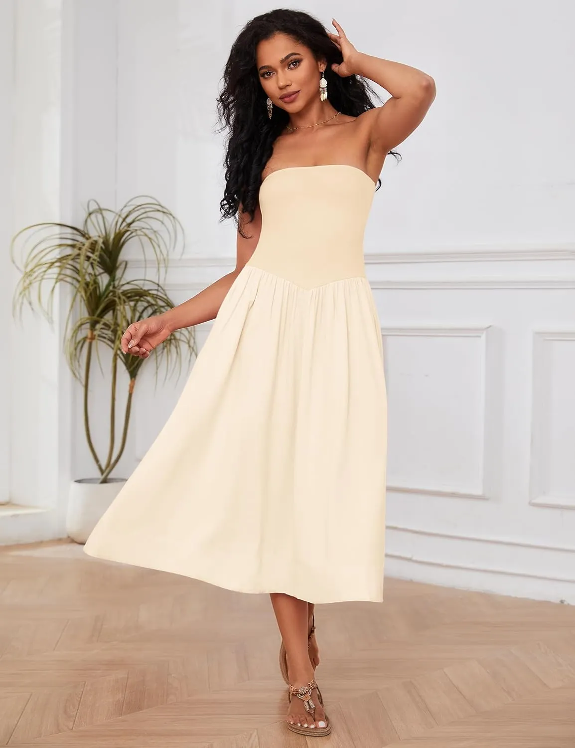 OLAPTA Women Strapless Tube Top Maxi Dresses Patchwork Casual Sleeveless Backless Dresses Swing Basic Solid Dress with Pocket