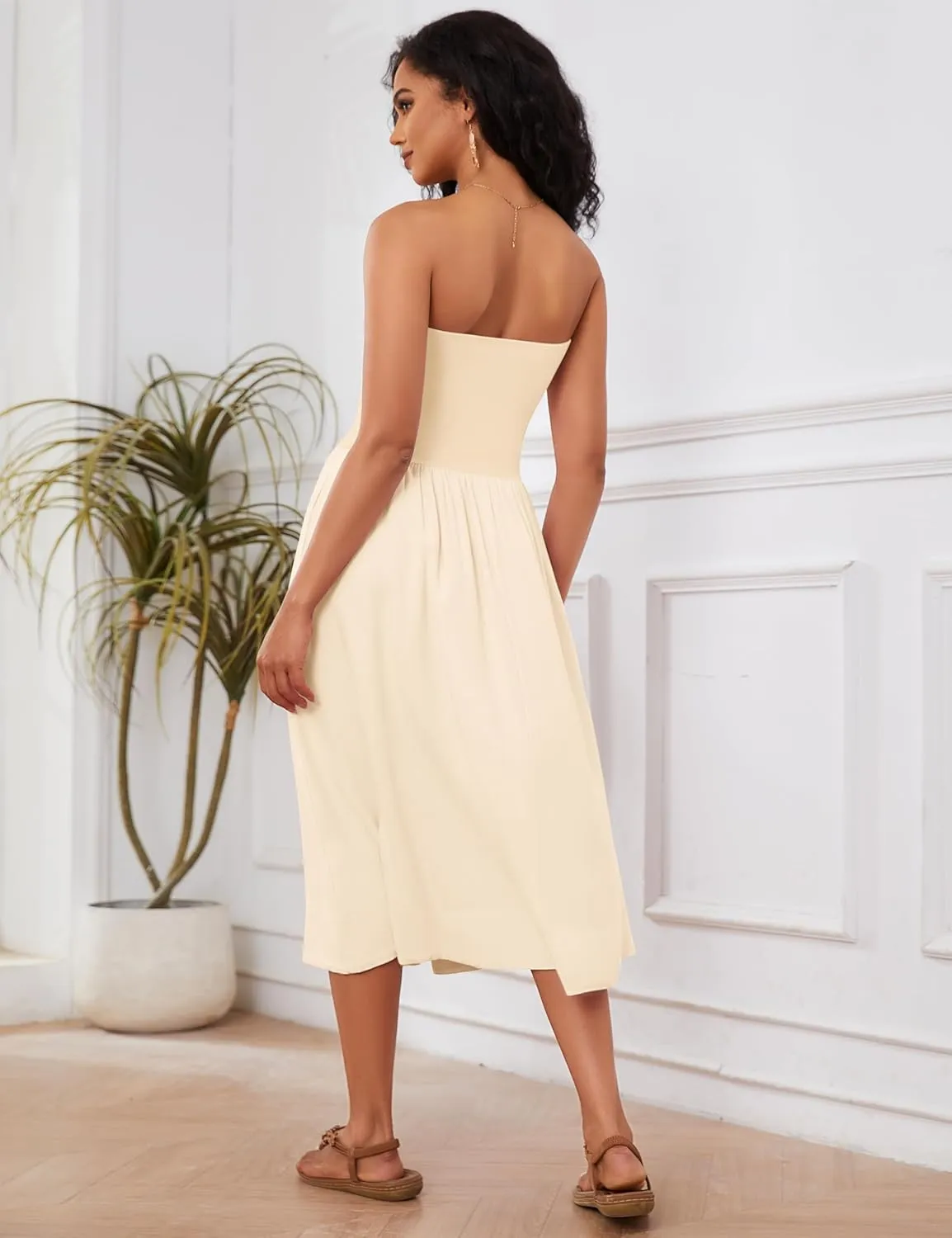 OLAPTA Women Strapless Tube Top Maxi Dresses Patchwork Casual Sleeveless Backless Dresses Swing Basic Solid Dress with Pocket