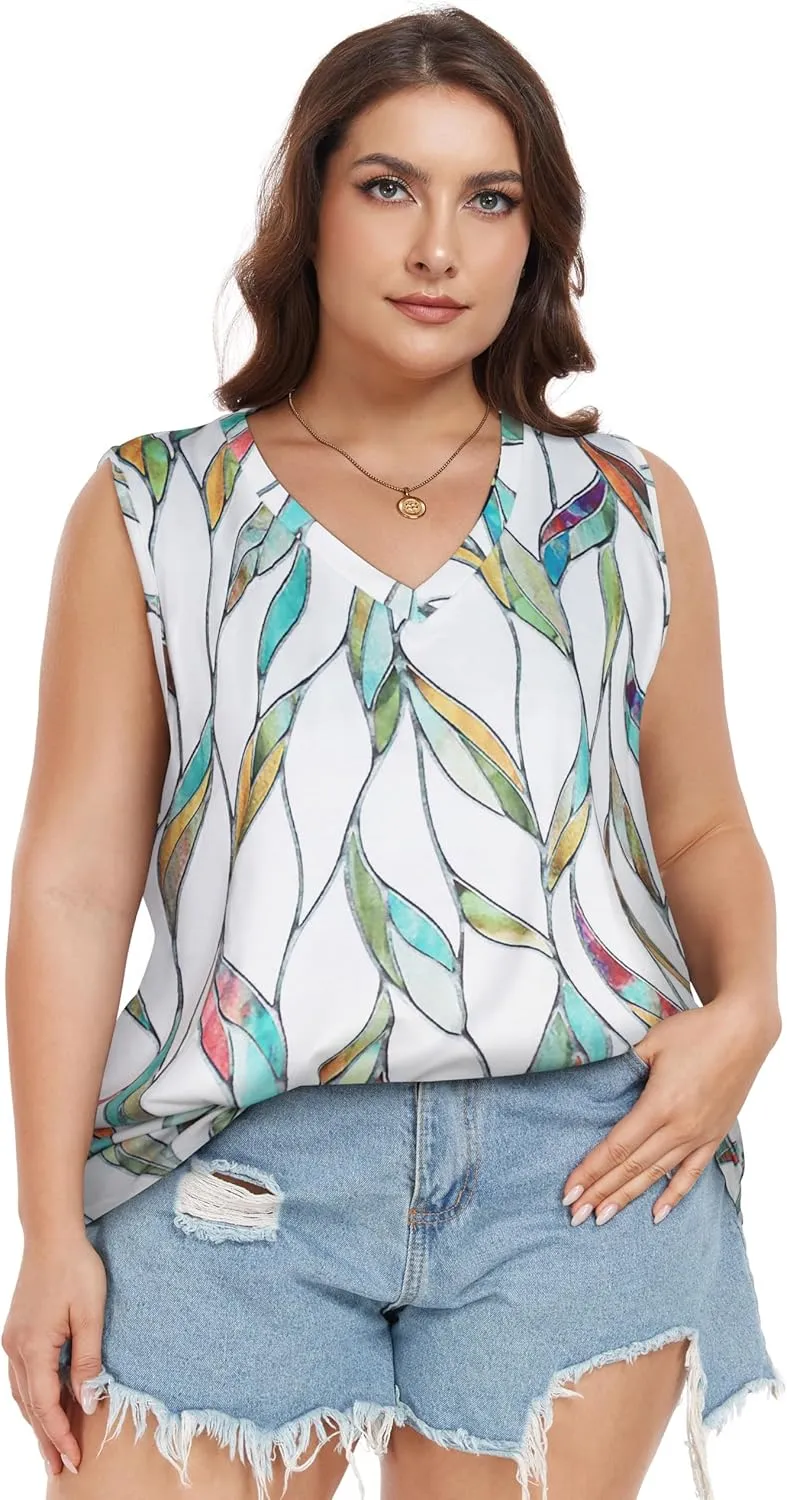Plus Size Tanks Women Summer Top V Neck Sleeveless Top Loose Fit Tee Workout Shirts