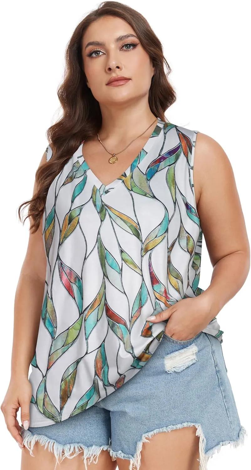Plus Size Tanks Women Summer Top V Neck Sleeveless Top Loose Fit Tee Workout Shirts