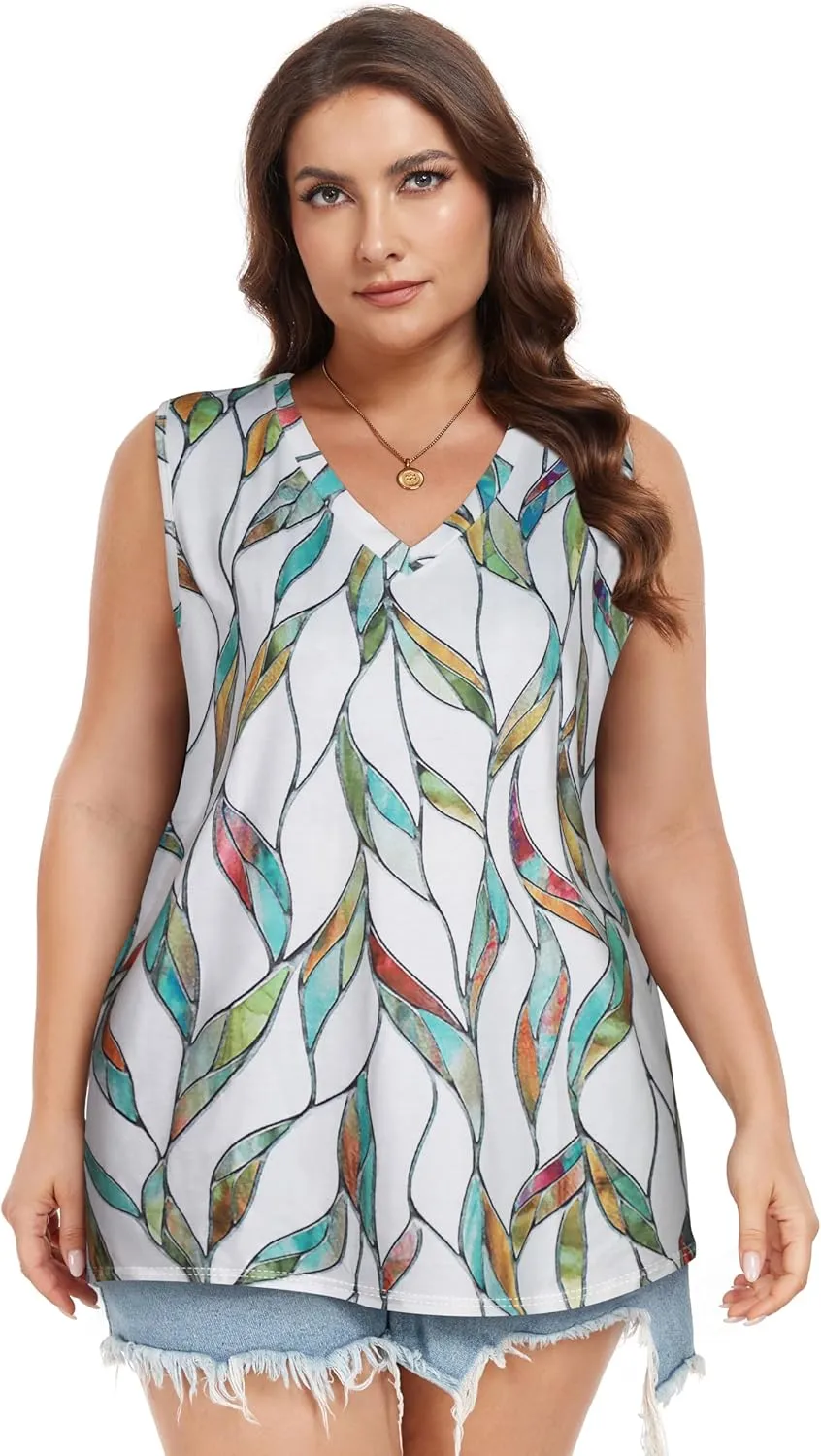 Plus Size Tanks Women Summer Top V Neck Sleeveless Top Loose Fit Tee Workout Shirts