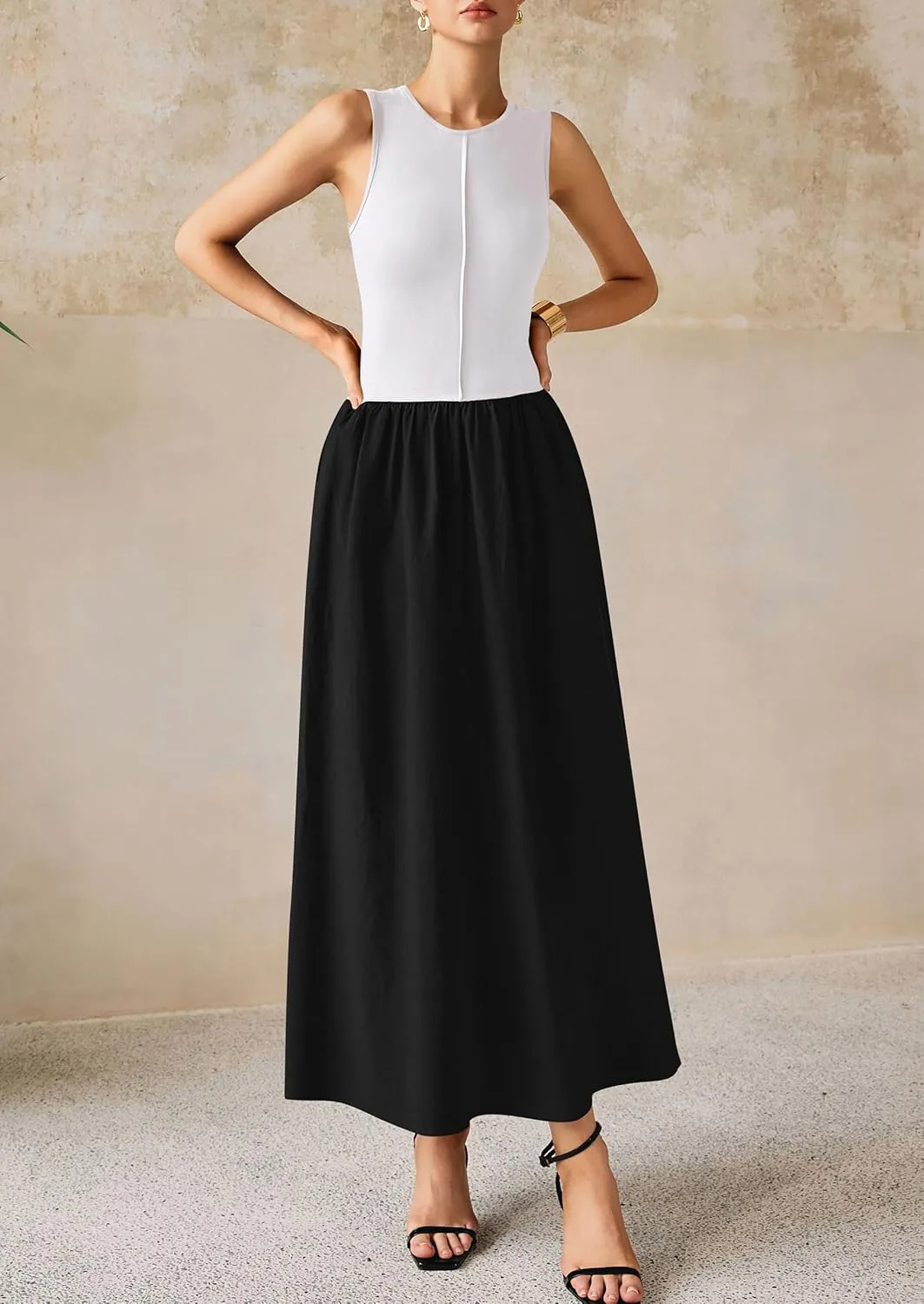 PRETTYGARDEN Women Maxi Dresses 2025 Summer Casual Sleeveless Patchwork Knit Tank Dress Flowy Beach Sundress Long Dress