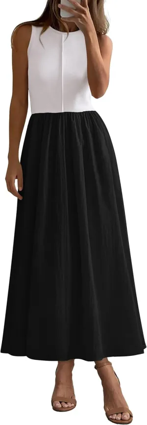 PRETTYGARDEN Women Maxi Dresses 2025 Summer Casual Sleeveless Patchwork Knit Tank Dress Flowy Beach Sundress Long Dress