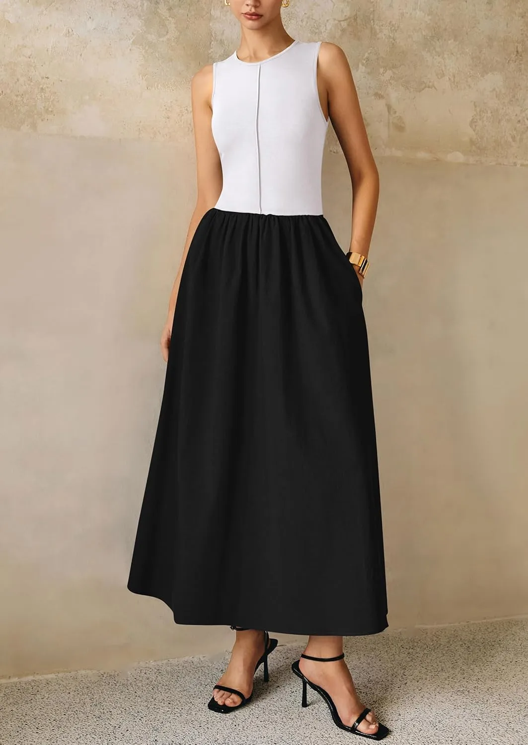 PRETTYGARDEN Women Maxi Dresses 2025 Summer Casual Sleeveless Patchwork Knit Tank Dress Flowy Beach Sundress Long Dress