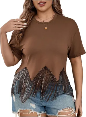 SHENHE Women's Plus Size Fringe Top Sequin Tassel Western Top Short Sleeve Cropped Going Out Tshirt