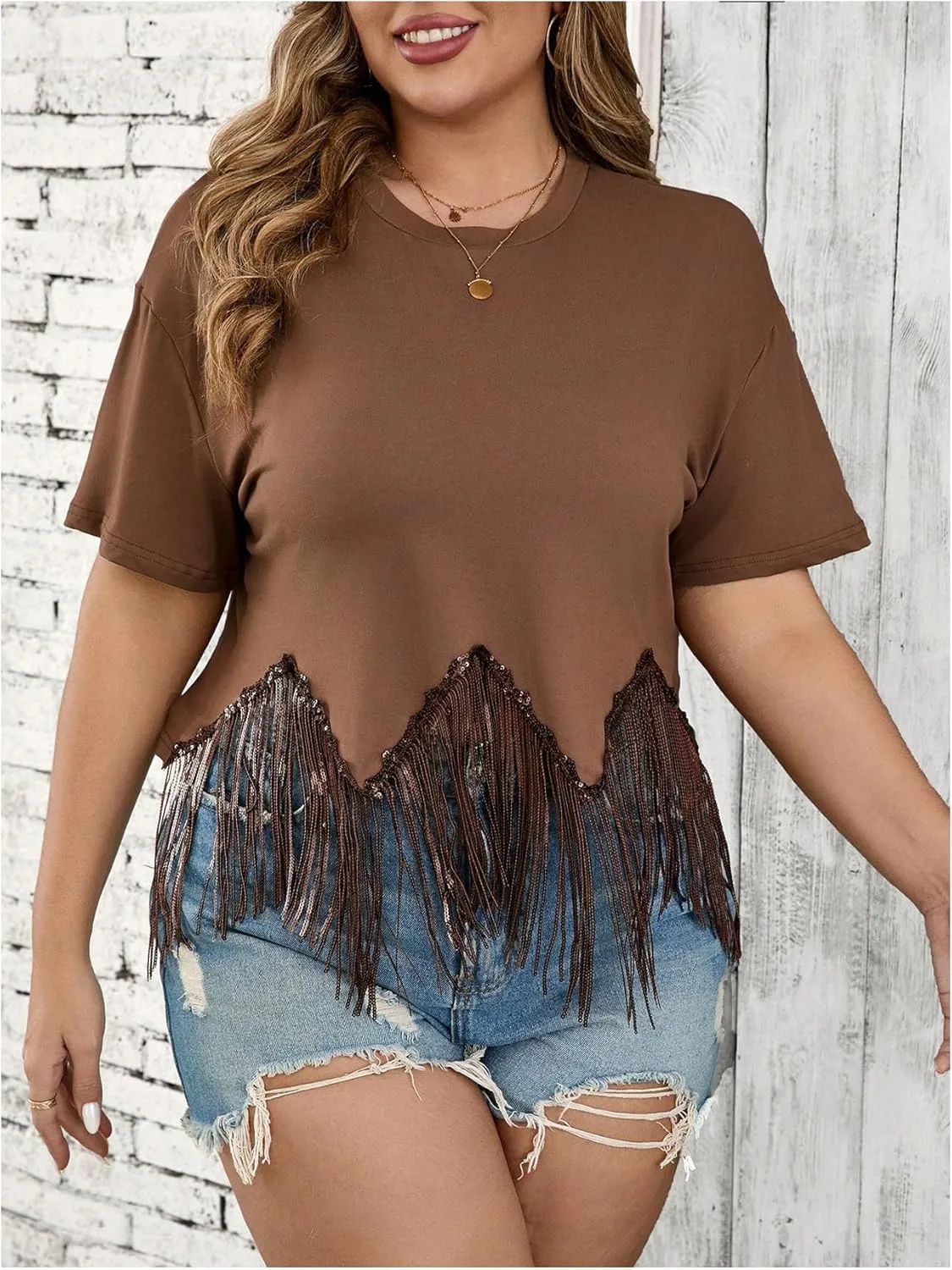 SHENHE Women's Plus Size Fringe Top Sequin Tassel Western Top Short Sleeve Cropped Going Out Tshirt