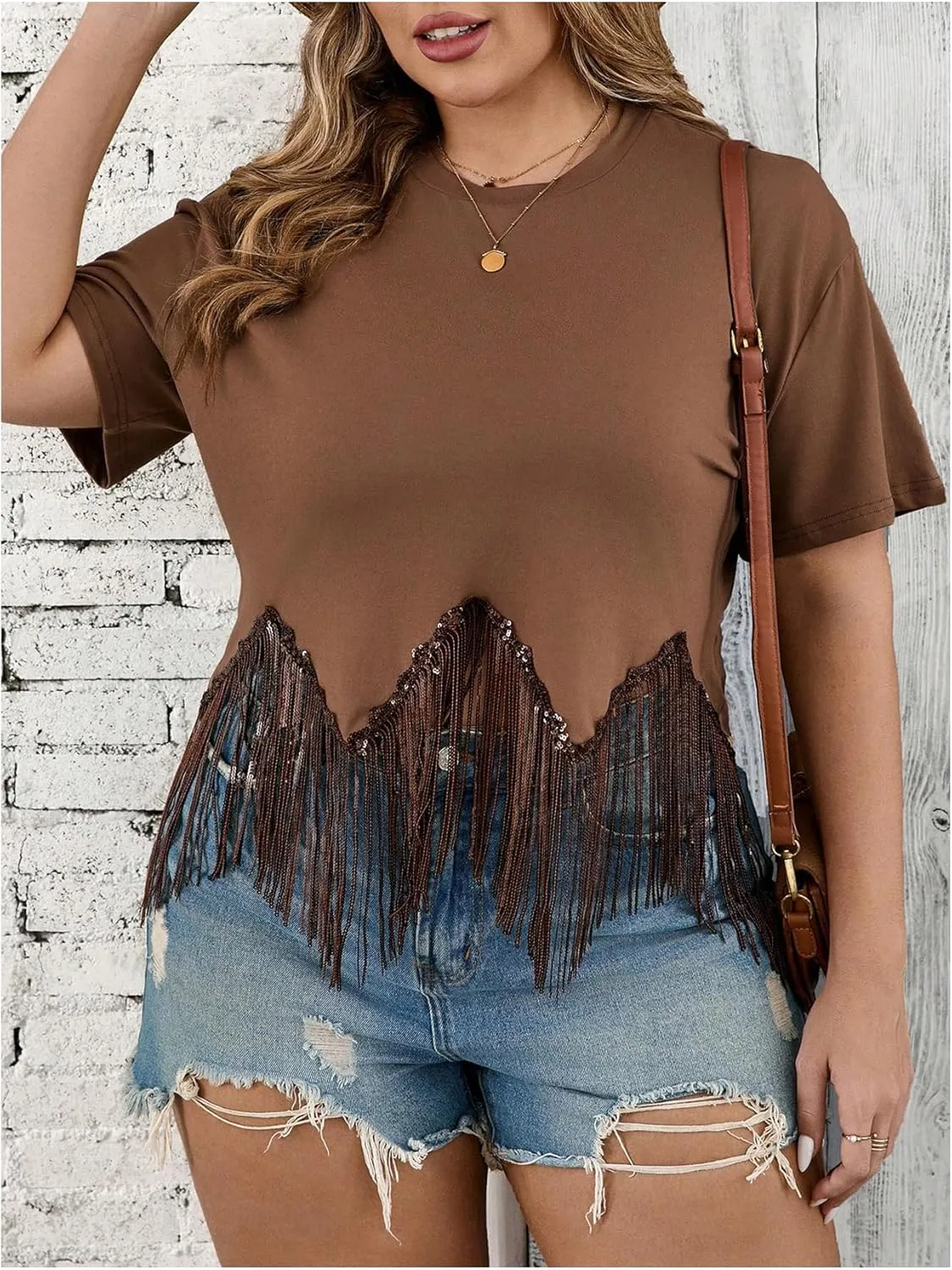 SHENHE Women's Plus Size Fringe Top Sequin Tassel Western Top Short Sleeve Cropped Going Out Tshirt