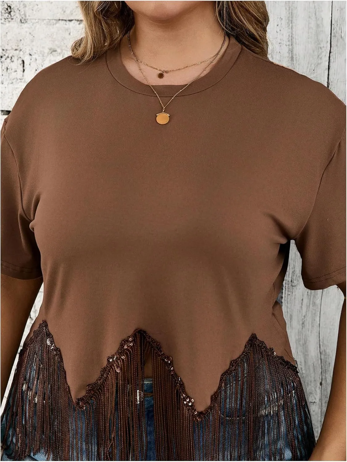 SHENHE Women's Plus Size Fringe Top Sequin Tassel Western Top Short Sleeve Cropped Going Out Tshirt