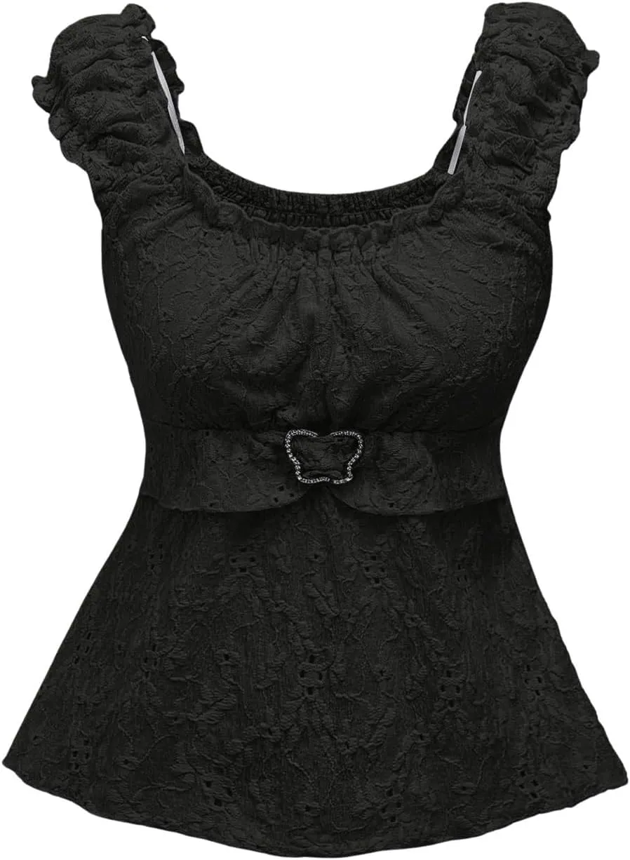 SHENHE Women's Square Neck Smocked Ruched Sleeveless Eyelet Peplum Top Kawaii Cute Top
