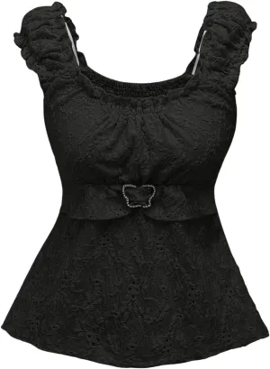 SHENHE Women's Square Neck Smocked Ruched Sleeveless Eyelet Peplum Top Kawaii Cute Top