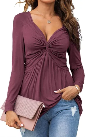 Tankaneo Women V-Neck Front Knotted Blouse Shirt Long Sleeve Elegant Casual T-Shirt Solid Color Pullover Tops