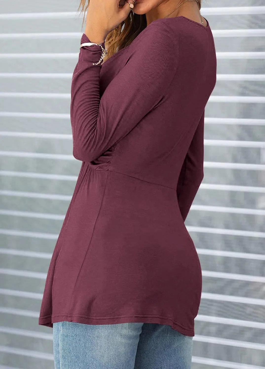 Tankaneo Women V-Neck Front Knotted Blouse Shirt Long Sleeve Elegant Casual T-Shirt Solid Color Pullover Tops