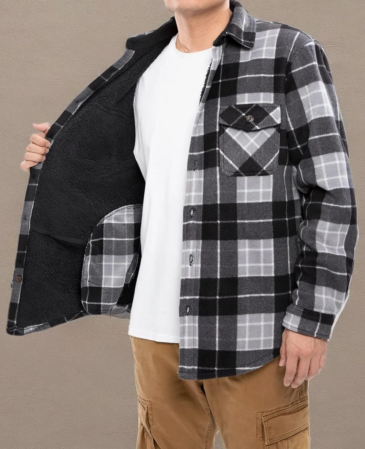 ThCreasa Mens Sherpa Fleece Lined Flannel Shirt Jacket Warm Button Down Plaid Shirt-Jac