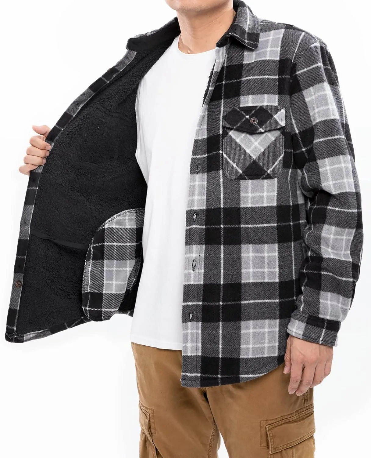 ThCreasa Mens Sherpa Fleece Lined Flannel Shirt Jacket Warm Button Down Plaid Shirt-Jac