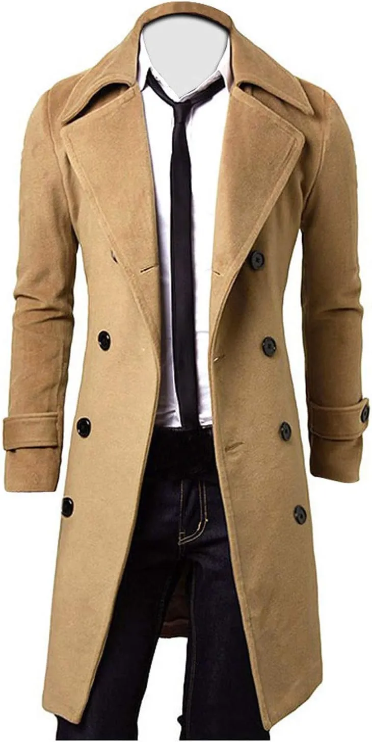 Trench Coats for Men,Slim Wool Blend Overcoat Lapel Double Breasted Full Length Windbreaker Business Long Pea Coat