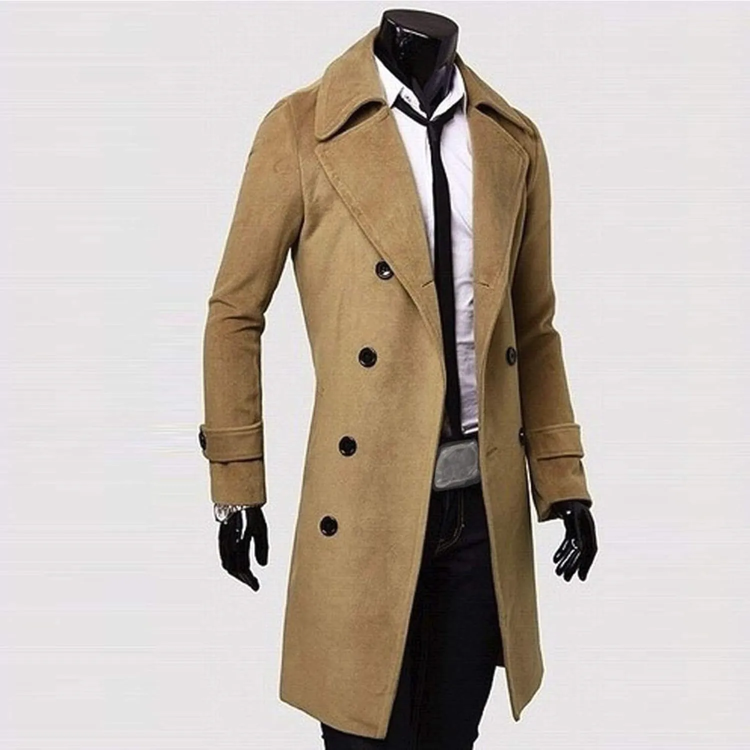 Trench Coats for Men,Slim Wool Blend Overcoat Lapel Double Breasted Full Length Windbreaker Business Long Pea Coat