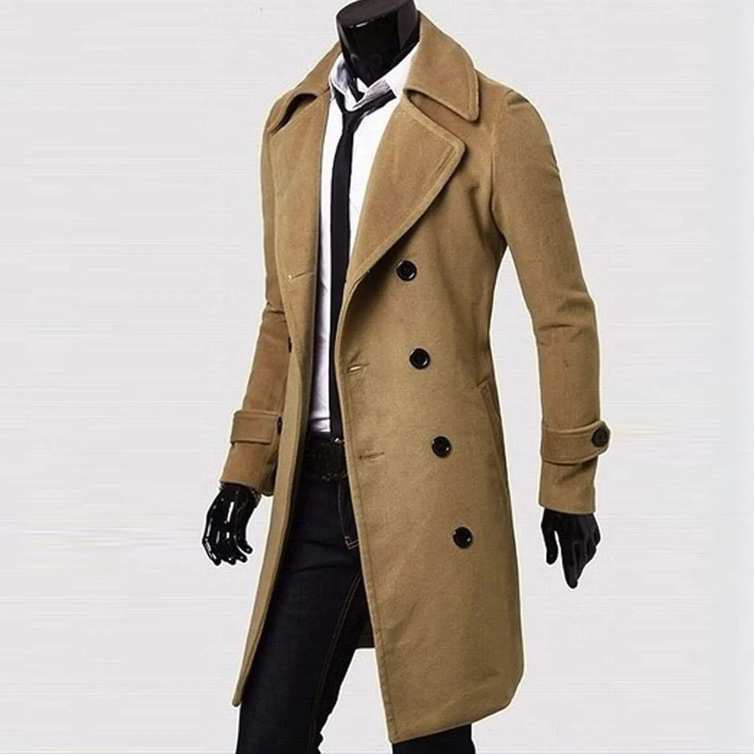 Trench Coats for Men,Slim Wool Blend Overcoat Lapel Double Breasted Full Length Windbreaker Business Long Pea Coat