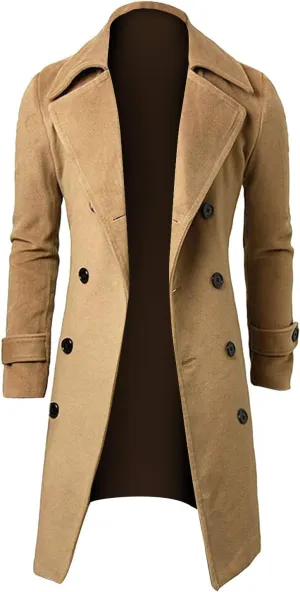 Trench Coats for Men,Slim Wool Blend Overcoat Lapel Double Breasted Full Length Windbreaker Business Long Pea Coat