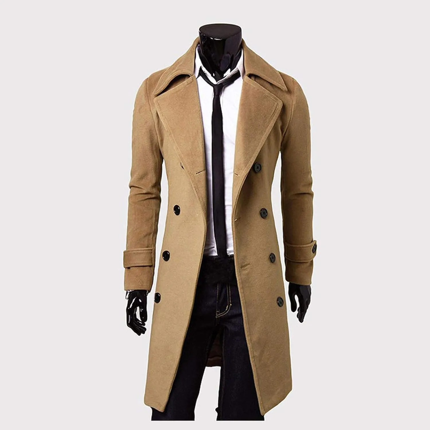 Trench Coats for Men,Slim Wool Blend Overcoat Lapel Double Breasted Full Length Windbreaker Business Long Pea Coat
