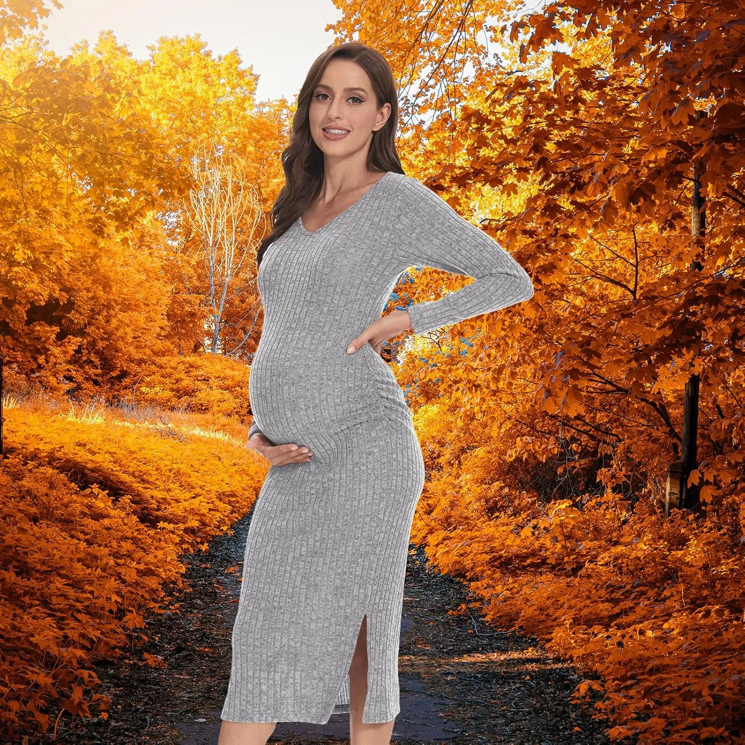 V Neck Side Ruch Knit Ribbed Maternity Bodycon Dress，Maternity Dress for Baby Shower