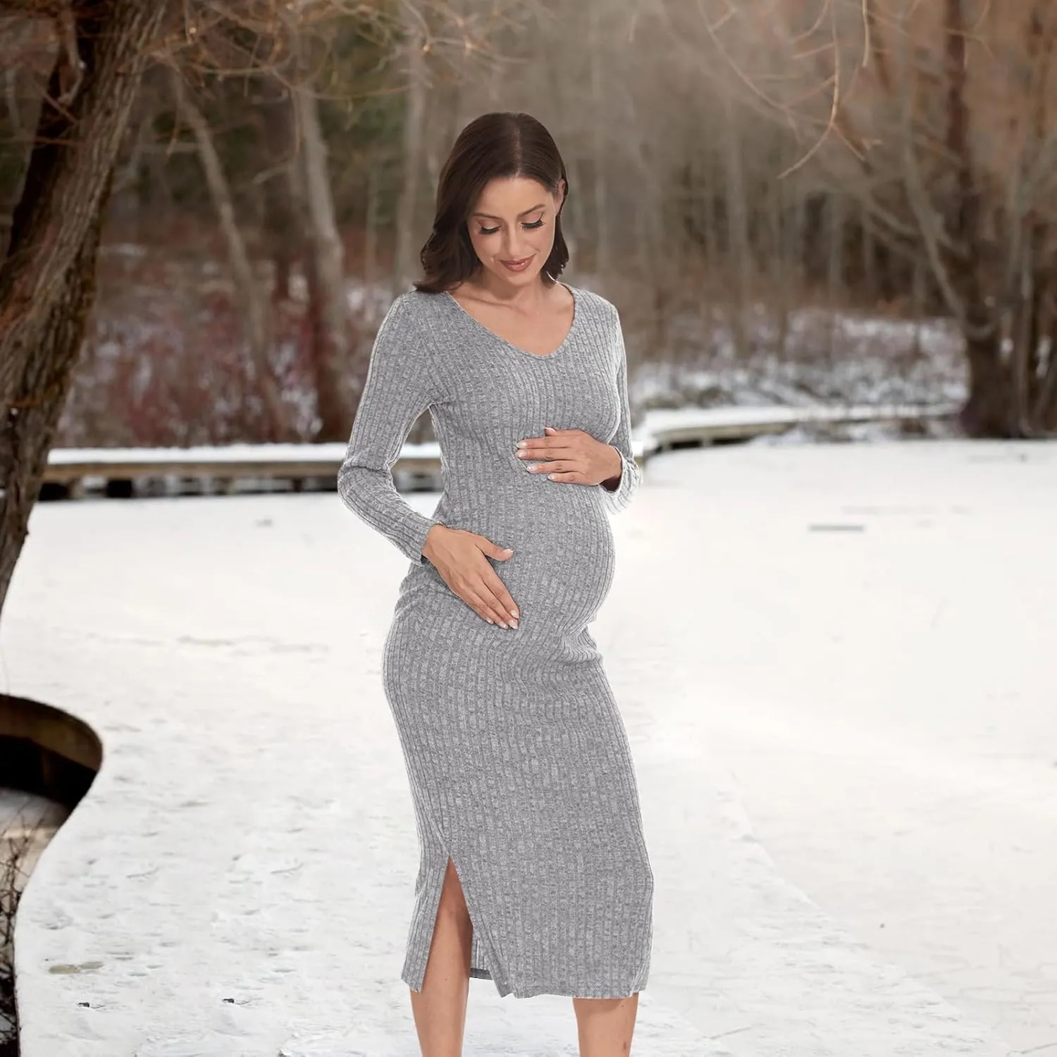 V Neck Side Ruch Knit Ribbed Maternity Bodycon Dress，Maternity Dress for Baby Shower