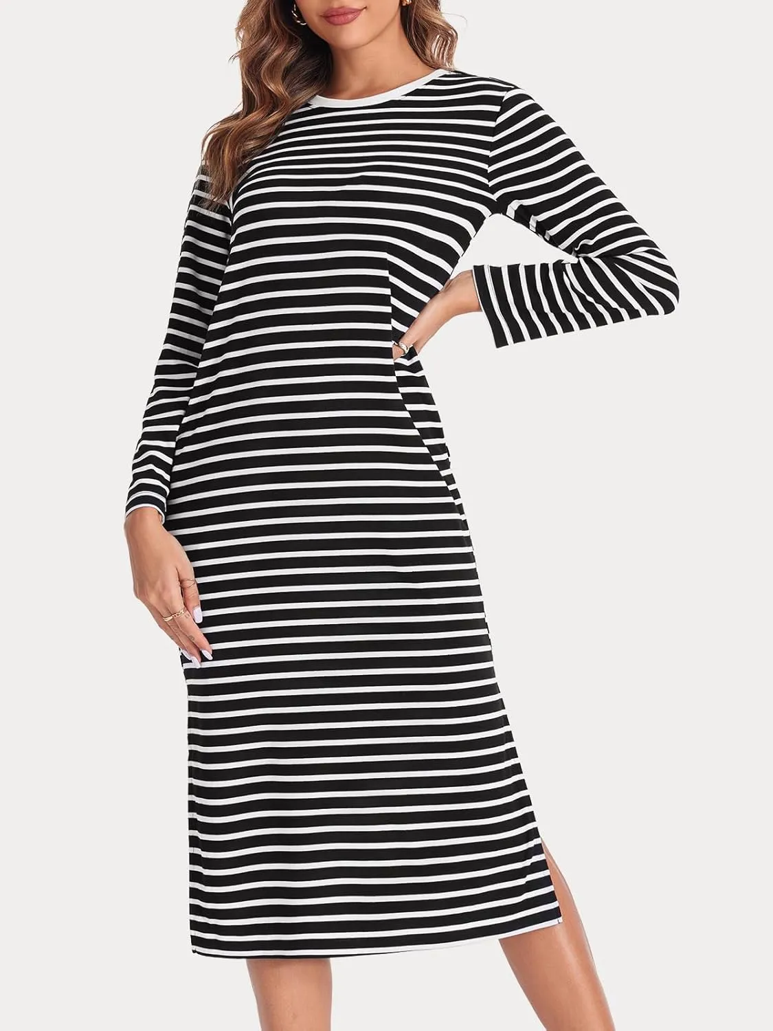 Wenrine Womens Striped Midi Dress Casual Long Sleeve Side Slit Loose T Shirt Dresses