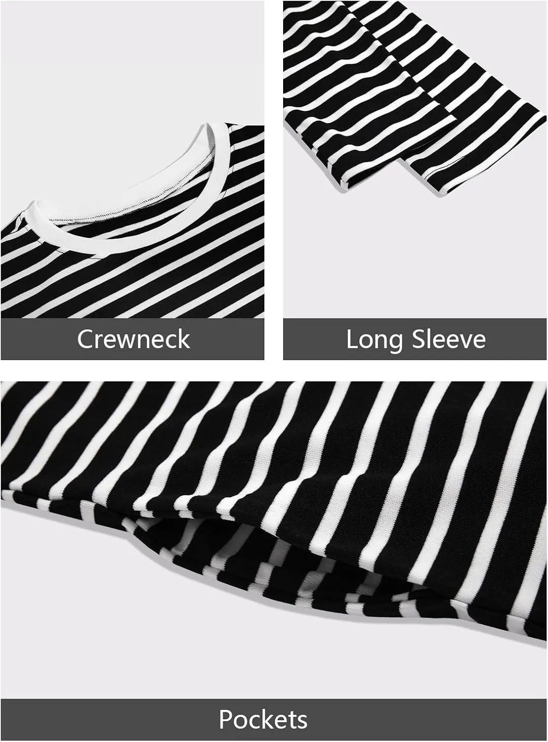 Wenrine Womens Striped Midi Dress Casual Long Sleeve Side Slit Loose T Shirt Dresses