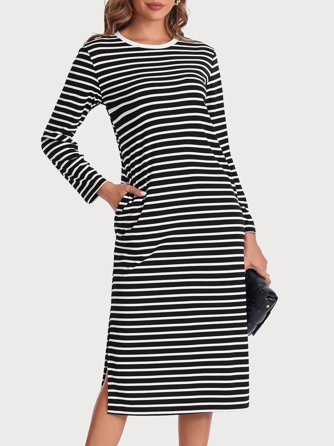 Wenrine Womens Striped Midi Dress Casual Long Sleeve Side Slit Loose T Shirt Dresses