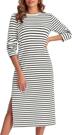 Wenrine Womens Striped Midi Dress Casual Long Sleeve Side Slit Loose T Shirt Dresses