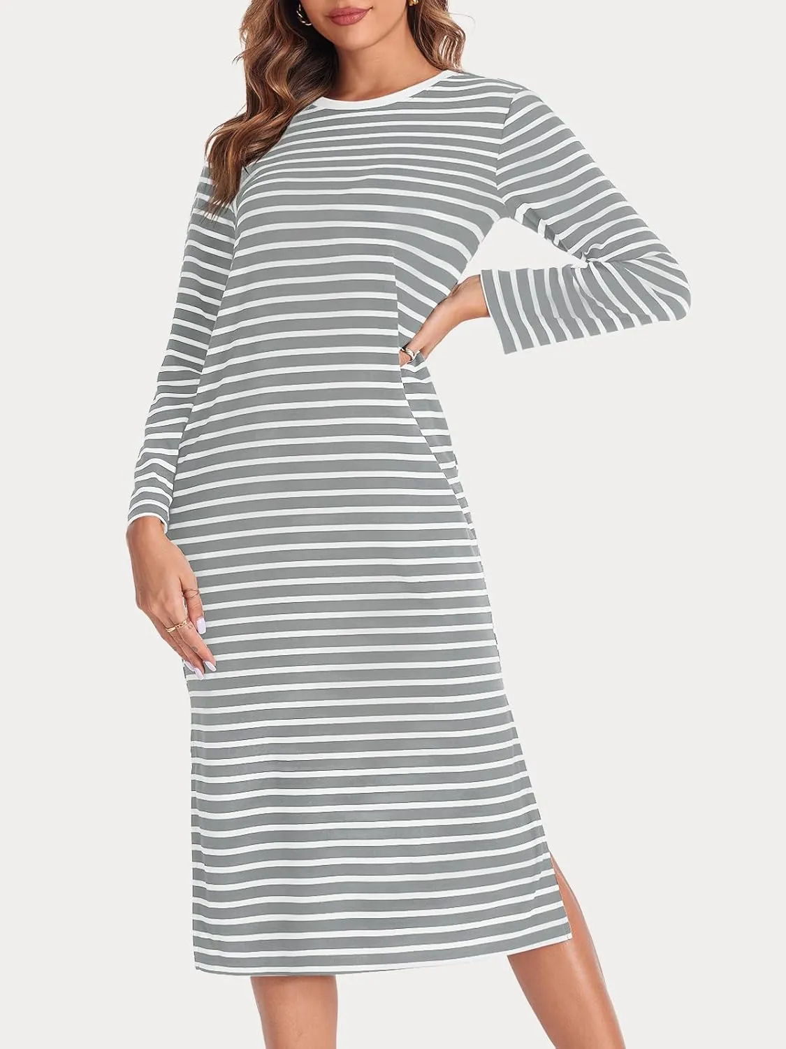 Wenrine Womens Striped Midi Dress Casual Long Sleeve Side Slit Loose T Shirt Dresses