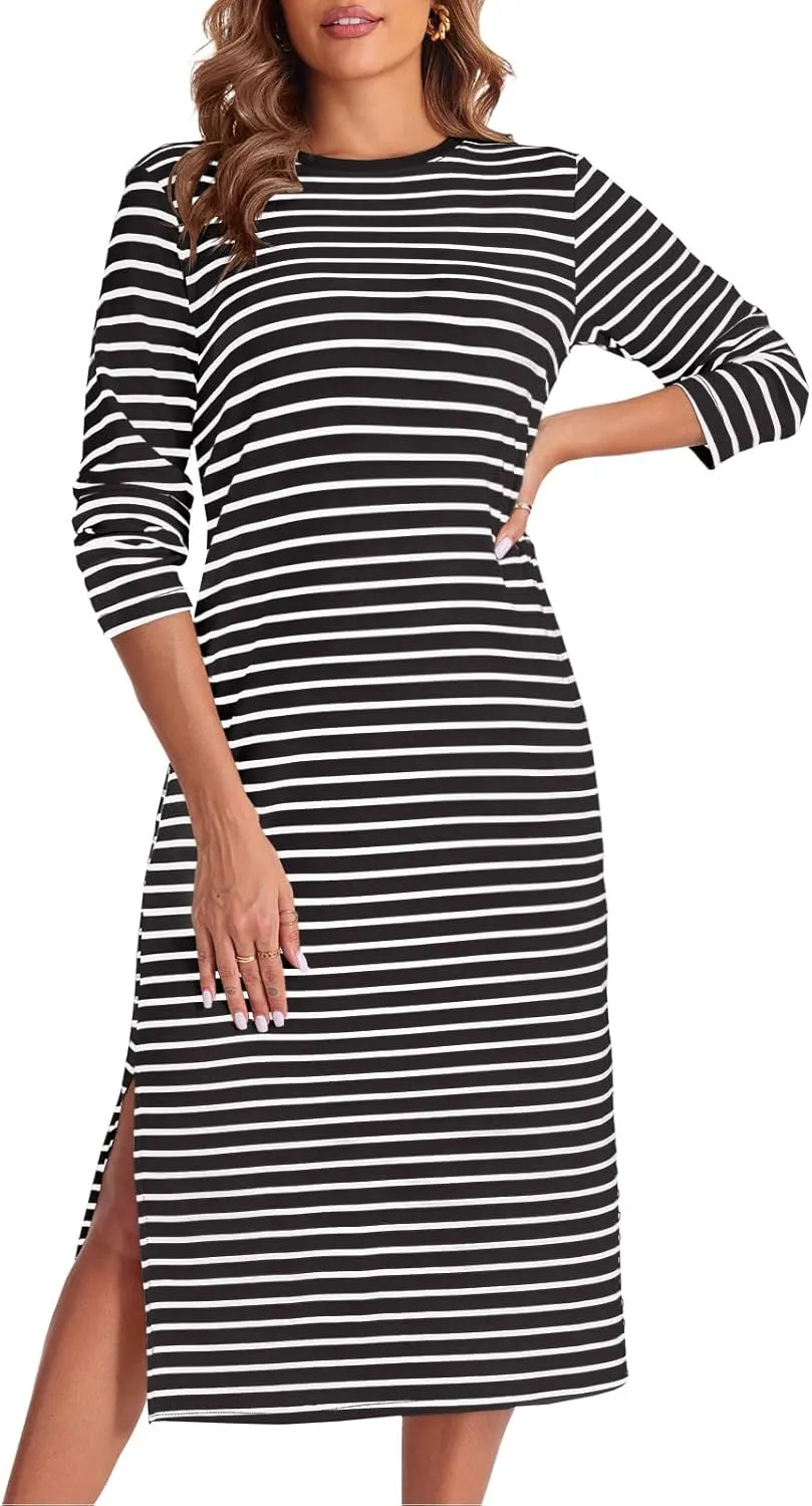 Wenrine Womens Striped Midi Dress Casual Long Sleeve Side Slit Loose T Shirt Dresses